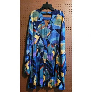 NWT Jodifl  Dress Aztec Leaf Colorful, Split Bell Sleeves, Lined Skirt, Large‎